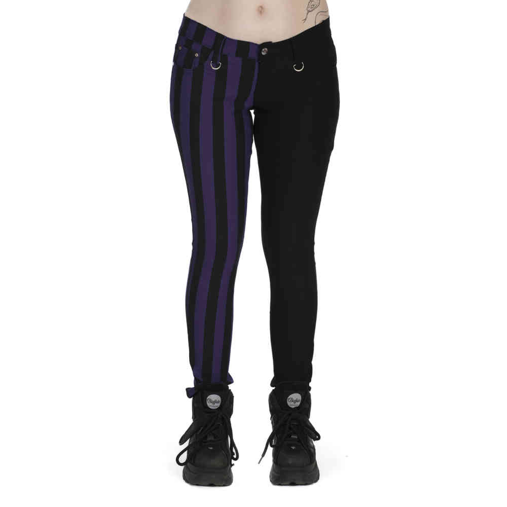 Banned - Half Black Half Striped Skinny fit broek - Paars/Zwart